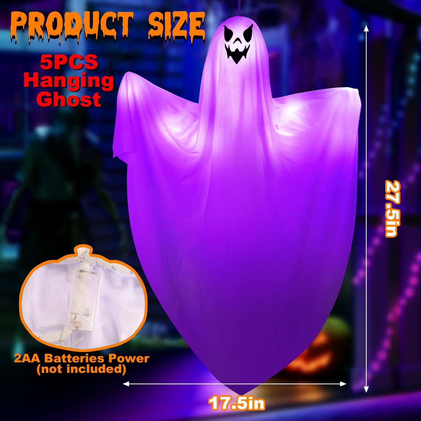 5Pack Halloween Hanging Ghost with Spooky Purple LED Light,27.5’’ Light up Flying Ghost Outdoor Hanging Ghosts Decorations for Front Porch Tree Patio Lawn Garden Party Decoration