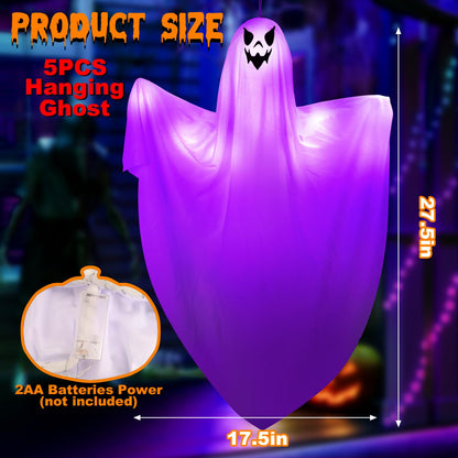 5Pack Halloween Hanging Ghost with Spooky Purple LED Light,27.5’’ Light up Flying Ghost Outdoor Hanging Ghosts Decorations for Front Porch Tree Patio Lawn Garden Party Decoration