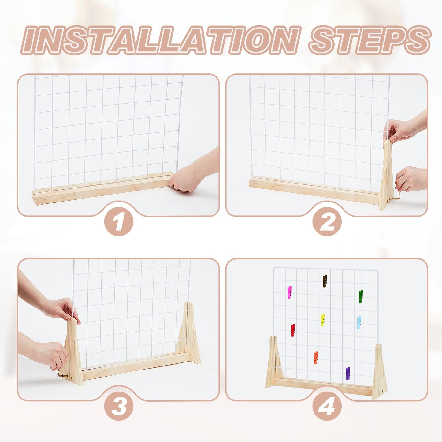 2 Sets Wedding Wall Grid Decorative Panel for Photo Display 19.3x18.5 Inch, Photo Display Panel, Wire Wall Grid, Desk Picture Manager, with 70 Wooden Clips for Shows Crafts Artistic Drawings Photos