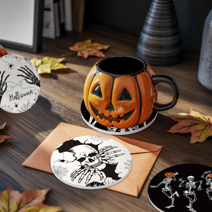 Whaline 4Pcs Halloween Ceramic Coasters Skeleton Pumpkin Drink Coasters Absorbent Cup Mat for Mug Cup Home Kitchen Party Table Decor