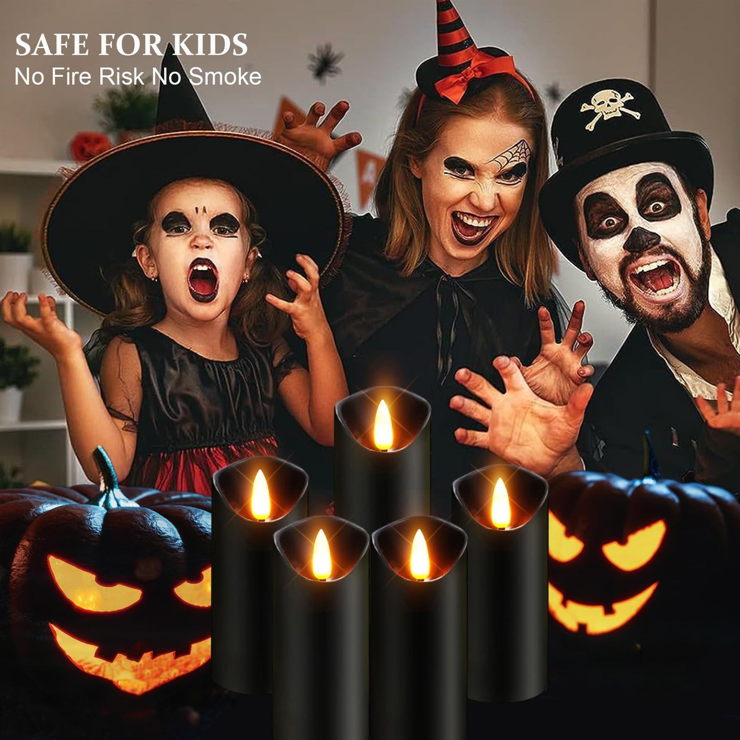 Black Pillar Flameless Candles 3D Wick with Controller,led Slim Candles Flicering Flame,Battery Operated Fake Plastic Candles for Halloween Christmas,Party Décor.(5Pack H 5" 5" 6" 6" 7" x D 2.2")