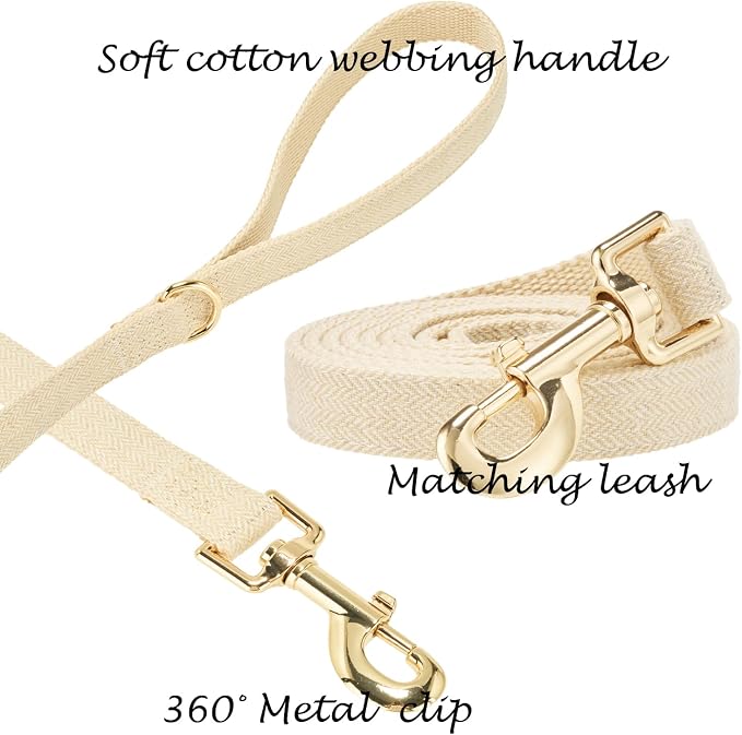 Luxury Soft Cotton Tweed Fabric Dog Collar & Leash Set with Gold Buckle – Durable Fabric, Stylish Design for Everyday Walks(Large Cream)