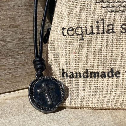 Cross Leather Necklace Mens - Men Cross Coin, Religious Pendant, Medallion Necklaces, Christmas Gift, Catholic Pendant, Christian Charms, Women Gifts to Husband Cute Crosses Best Friend (Gunmetal)