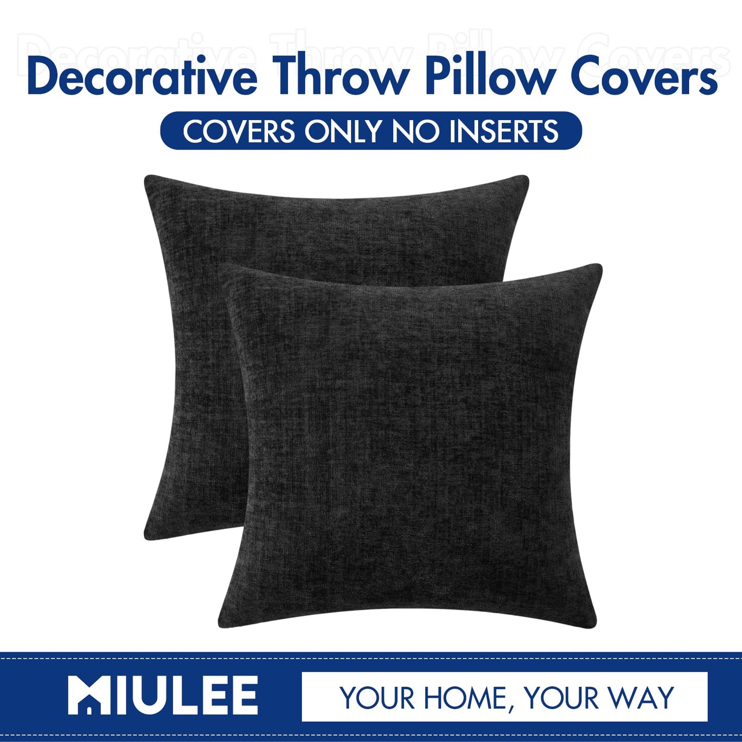 MIULEE Halloween Pack of 2 Couch Throw Pillow Covers 18x18 Inch Soft Black Chenille Pillow Covers for Sofa Living Room Solid Dyed Pillow Cases