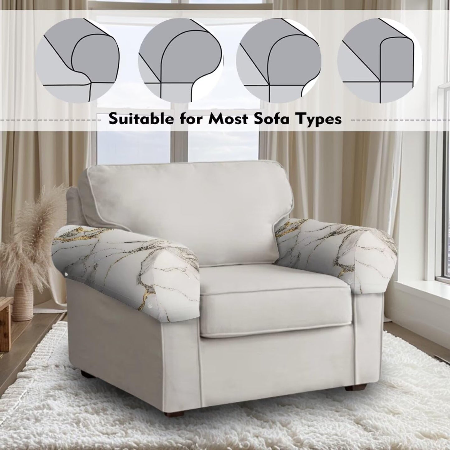 Qehuruxo White Marble Sofa Arm Covers Stretch Armrest Covers Washable Couch Arm Cover Stains Resistant Recliner Armchair Cover Anti-Slip Armrest Slipcovers Set of 2 Furniture Protector