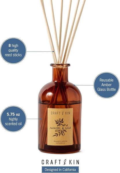 Craft & Kin Lily & Jasmine Reed Diffuser – 5.75 oz Essential Oil Diffuser for Home & Bathroom – Up to 120-Day Fragrance with 8 Rattan Scent Sticks – Amber Glass Room Decor