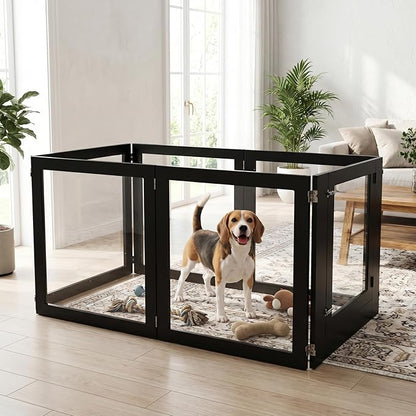 Heavy Duty Clear Acrylic Dog Playpen for Small/Medium Pets – 32" High Clear Pet Pen with Sturdy Metal Frame (Black, 2 Extended Panels)