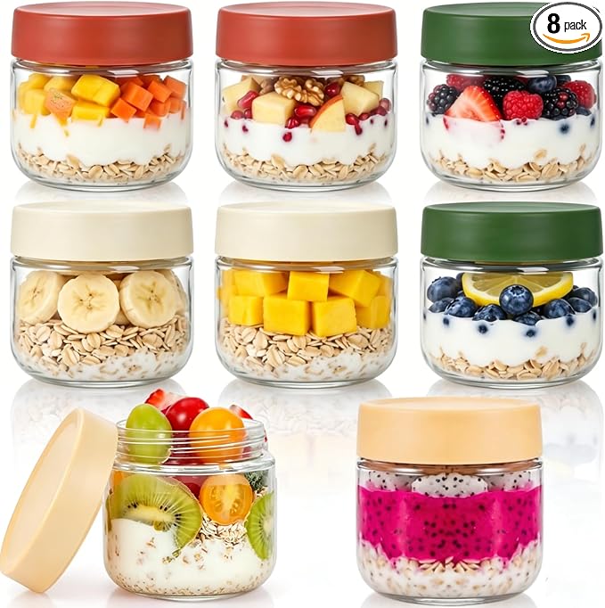 Cididu 8 Pack Overnight Oats Container with Lids, 10 Oz Clear Glass Yogurt Storage Jar, Leak Proof Empty Glass Candy Jar for Food Prep, Spice, Snacks, Jam, Beans, Cereal, Kitchen, Airtight
