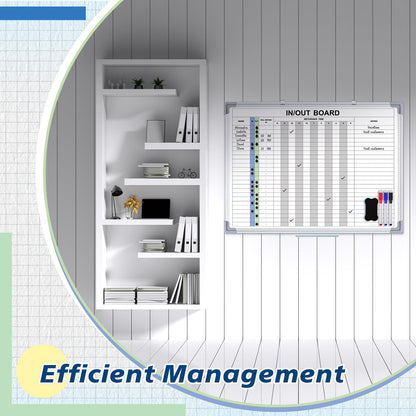 Lincia in and Out Magnetic Dry-Erase Board 18 x 24 Aluminum Framed White Board with Lines 24 Names with Magnetic Dry-Erase Marker, Eraser, and 26 Magnets Wall-Mounted for Office Employee
