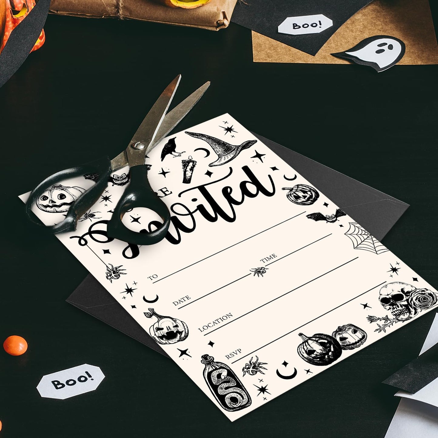 JarThenaAMCS 25 Sets Halloween Party Invitations with Envelopes Stickers Beige Black Pumpkin Skull Spider Invites for Halloween Celebration, 5 x 7 Inch