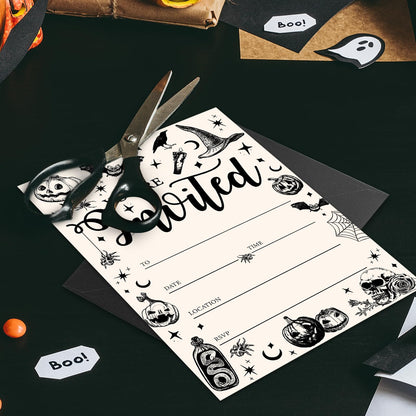 JarThenaAMCS 25 Sets Halloween Party Invitations with Envelopes Stickers Beige Black Pumpkin Skull Spider Invites for Halloween Celebration, 5 x 7 Inch