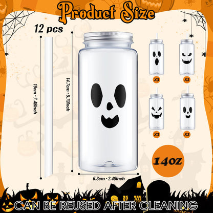 Patelai 12 Pcs Halloween Plastic Cups with Lids and Straws 13.5 oz Pumpkin Ghost Face Drinking Cup Reusable Clear Bottles Scary Printed Party Tumblers for Trick or Treat Party Supplies