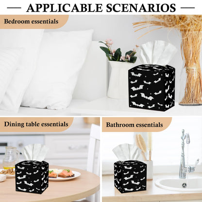 Black Bat Tissue Box Covers Square, Leather Tissue Holders Decorative for Home Office Kitchen Bathroom Organizer, Square Facial Paper Organizer Halloween Home Decor -003