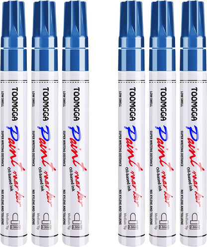 Permanent Paint Pens Blue Paint Markers 6 Pack Oil Based Markers, Quick Drying and Waterproof Marker Pen, Car Tire, Metal, Rock Painting, Wood, Plastic, Canvas, Craft Supplies for Adults