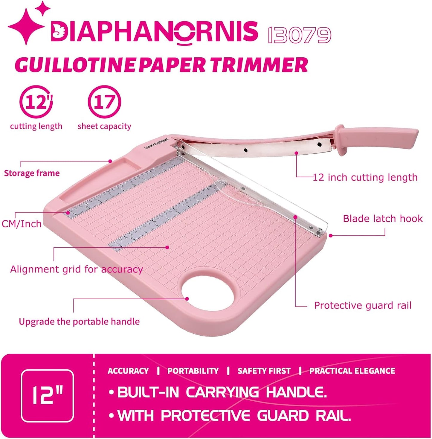 Paper Cutter,Paper Trimmer12 Cutting Length Heavy Duty Guillotine Paper Slicer with Safety Guard and Blade Lock,12 Sheets Capacity,Ideal for Offices,Homes,Printing Shops,Photo Studios (13079PINK)