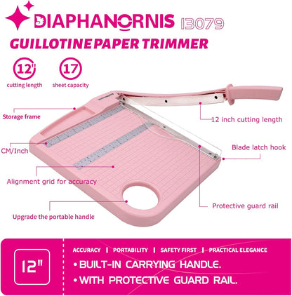 Paper Cutter,Paper Trimmer12 Cutting Length Heavy Duty Guillotine Paper Slicer with Safety Guard and Blade Lock,12 Sheets Capacity,Ideal for Offices,Homes,Printing Shops,Photo Studios (13079PINK)