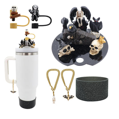 Lid Name Plate Topper for Stanley Cup 40 oz，Including Boot, Silicone Straw Topper Cover Cap, Lid Charms，Cup Chain (Halloween-A)