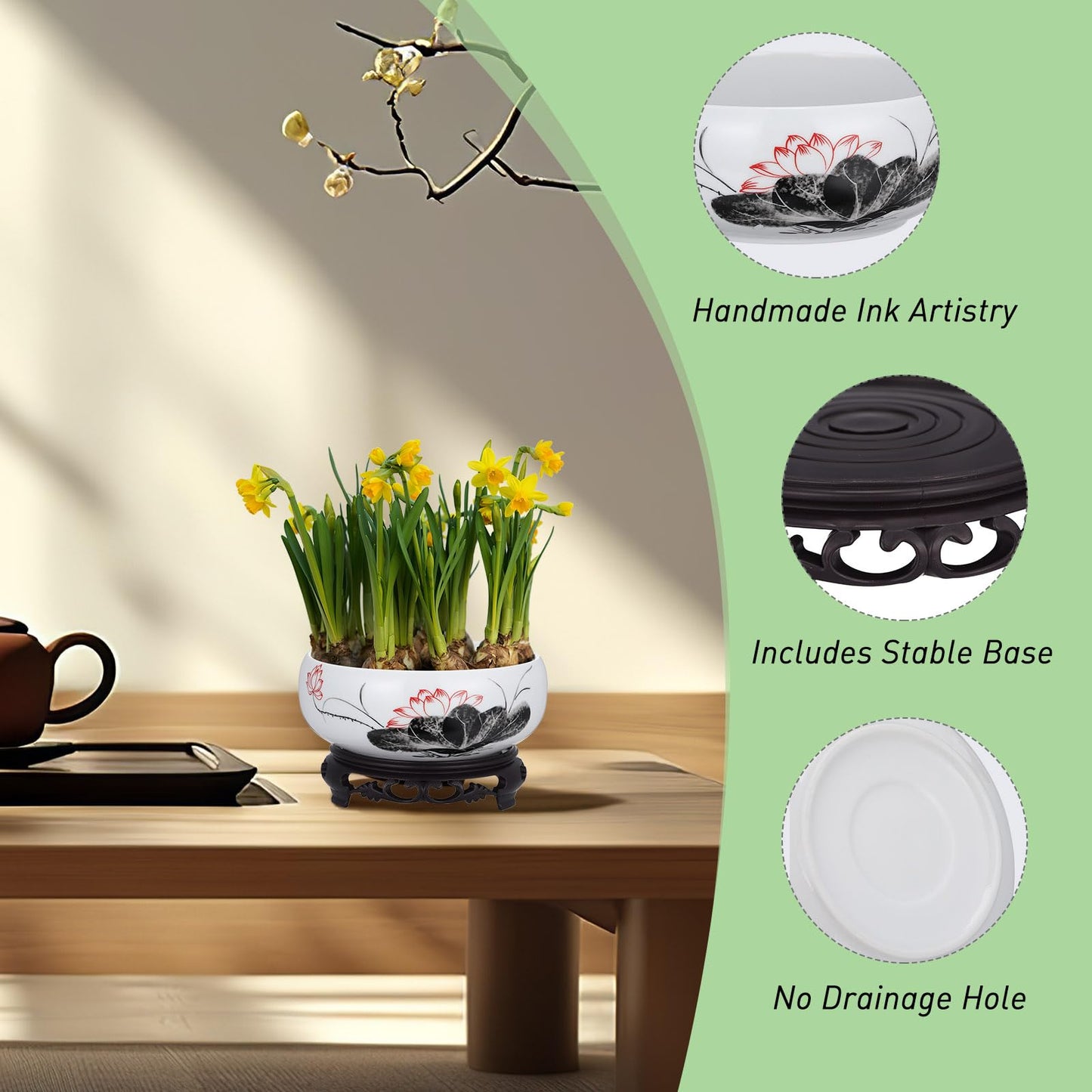 Veemoon Ceramic Lotus Bowl Planter, Chinese Hydroponic Pot with Base Round Pottery Shallow Planter Flower Plant Succulents Bowl Thickened No Drainage Pot for Indoor Outdoor Zen Garden Decor (6.68")
