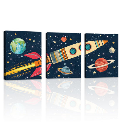 KAIRNE Rocket Outer Space Decor,Solar System Wall Art,The Planets Hanging Decor,Rocket Artwork Paintings out of space decor for Boys Bedroom Toddler Kids Room Classroom Decoration