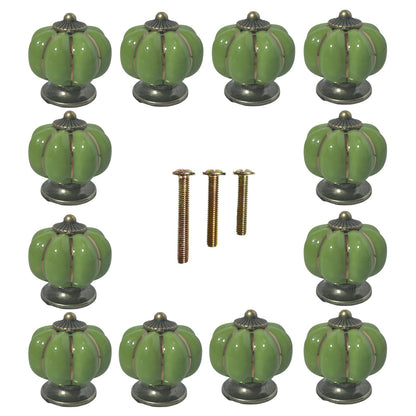 Eledabra Ceramic Pumpkin Cabinet Knobs, Green Vintage Drawer Knobs for Vanity, Closet, Cupboard, Green Knobs 12pcs