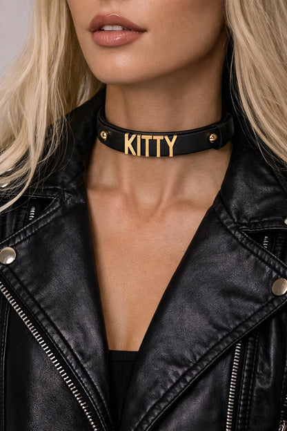 ZHIBIX GLOW Goth handmand Adjustable Leather Choker Necklace with Metal Letters for Women & Party Fashion (SLT, BLACK)