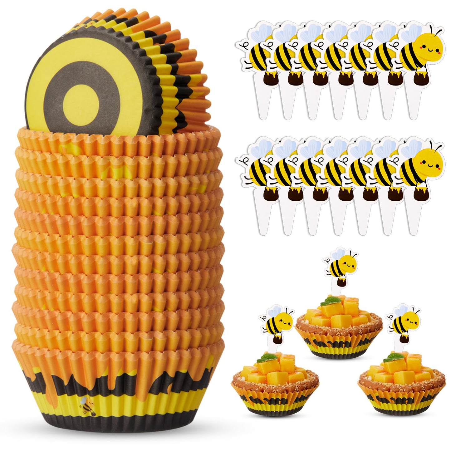 Vesici 200 Counts Cupcake Liners and 200 Counts Cupcake Toppers Round Baking Cups Greaseproof Muffin Liners for Christmas Holiday Birthday Theme Party Supplies(Bee)