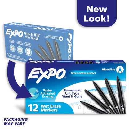 EXPO Wet Erase Markers, Semi-Permanent, Black, Ultra Fine Tip, 12 Count - For Writing on Glass, Whiteboards, Mirrors, Calendar, Labeling, Organizing (Pack of 12)