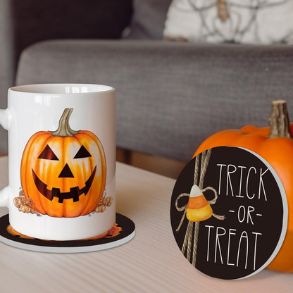 Whaline 4Pcs Happy Halloween Coasters Trick or Treat Ghost Pumpkin Ceramic Coasters Absorbent Cup Mat for Home Kitchen Office Party Table Decor