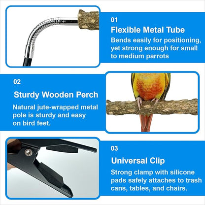 Bird Perch Stand for Trash Can, Adjustable & Portable Parrot Stand, Bendable Bird Training Perch for Cockatiels, Conures, Lovebirds and Medium & Small Parrots