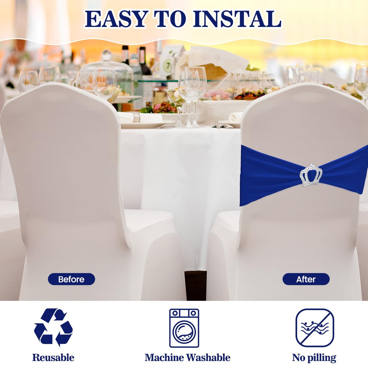 Cinnvoice 150 Pcs Spandex Chair Sashes Stretch Chair Covers with Crown Buckle Elastic Chair Bows Ties with Buckle Slider for Wedding Banquet Party Event Decoration(Royal Blue)