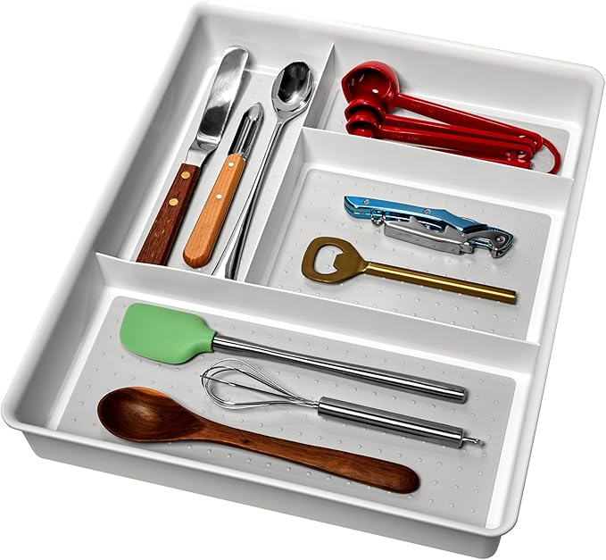 madesmart 4 Compartment Drawer Organizer, Multi Purpose Storage for Utensils, Office Tools, Cords, & Small Household Items, Tech Accessories, Arts & Crafts Supplies, Non Slip Lining, White (Pack of 6)