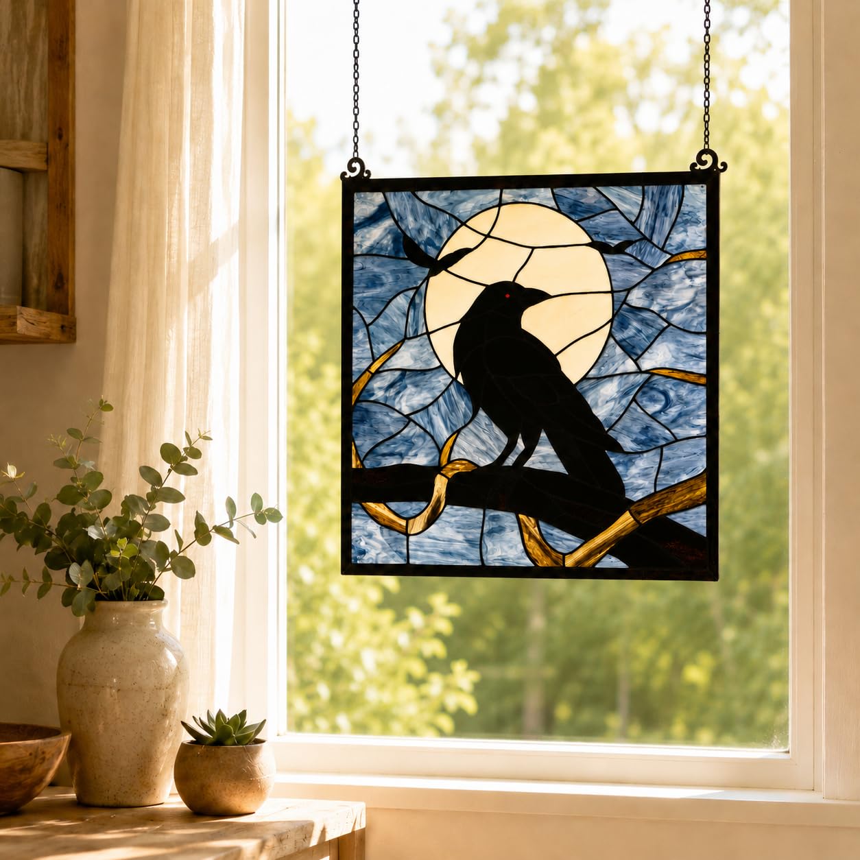 Bieye W10097 Tiffany Style Stained Glass Window Panel with Raven Sitting on Bare Tree Branch against Full Moon Scene for Halloween Decor (Dark Blue, 22" Wx22 H Square)