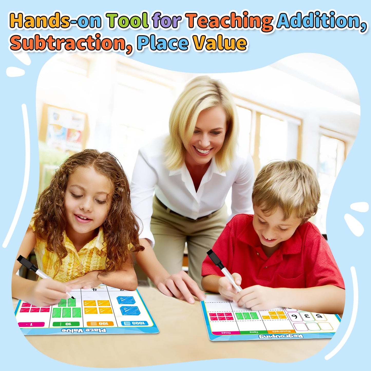 PraxiKidy 12 Pack Place Value Dry Erase Flash Cards Chart, 9" x 12" Base Ten Addition and Subtraction Math Manipulatives 1st 2nd 3rd Grade Classroom Must Haves Teacher Homeschool Supplies Essential