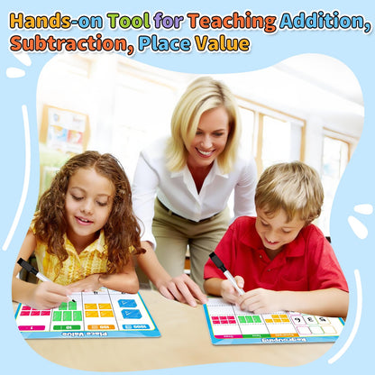 PraxiKidy 12 Pack Place Value Dry Erase Flash Cards Chart, 9" x 12" Base Ten Addition and Subtraction Math Manipulatives 1st 2nd 3rd Grade Classroom Must Haves Teacher Homeschool Supplies Essential