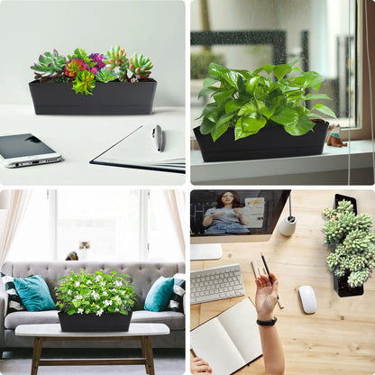 GREANER Window Boxes Planters with 4inch White Plant Label, 3PCS 16x3.8 Inch Black Rectangle Planters Box with Drainage Holes and Trays, Herb Succulents Flowers Plastic Pot for Windowsill, Garden, Bal