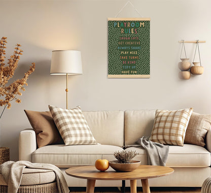 Playroom Kids Tollder Room Wall Decor, Play Room Rules Wall Decor for Kids Play Game Room Bedroom Nursery Home School Playroom Essentials, Canvas Hanging Banner Wood Poster Frameds(dark green)