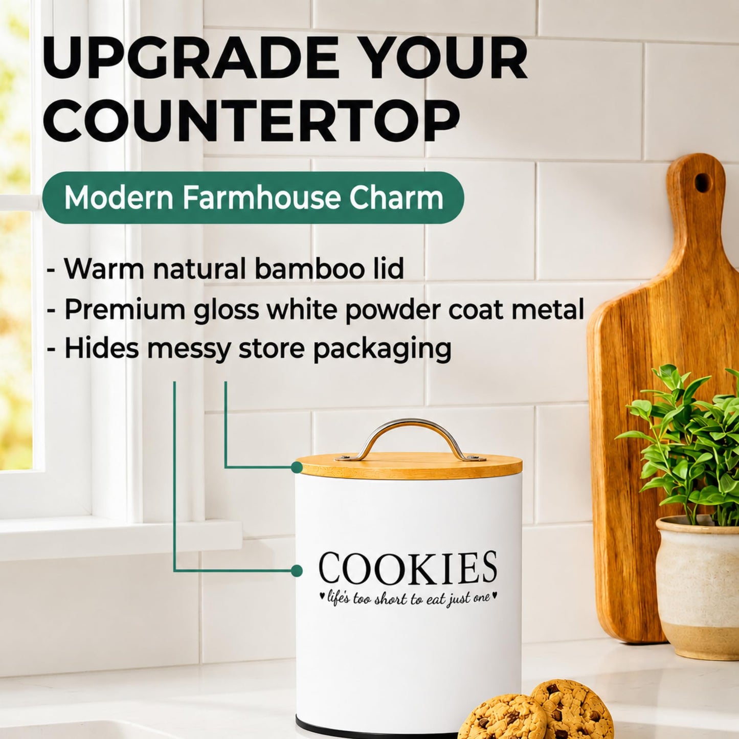 D'Lifeful Cookie Jar with Airtight Bamboo Lid – 0.6 Gallon Cute and Decorative Cookie Storage for Kitchen Countertop – Farmhouse Storage Tin for Freshness – Great Gift Idea