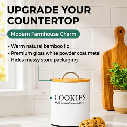 D'Lifeful Cookie Jar with Airtight Bamboo Lid – 0.6 Gallon Cute and Decorative Cookie Storage for Kitchen Countertop – Farmhouse Storage Tin for Freshness – Great Gift Idea