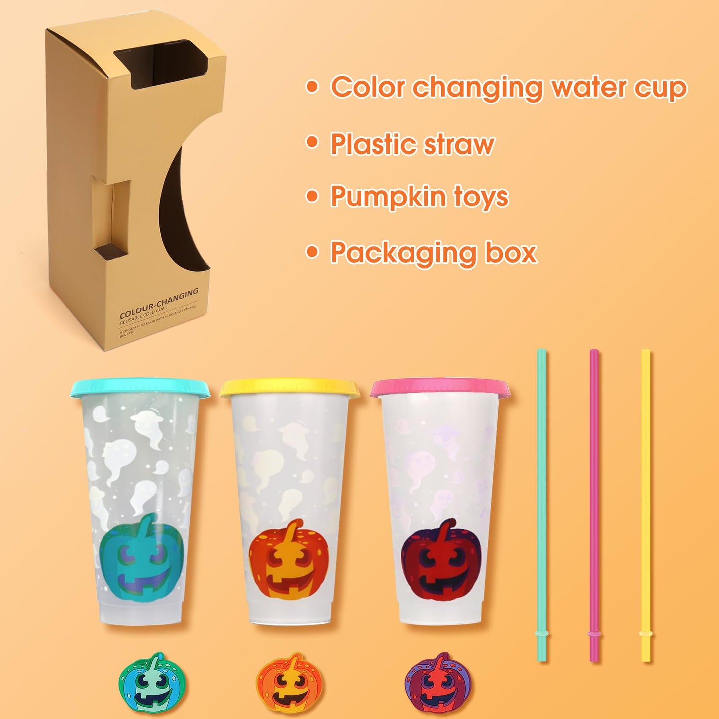 Ftabernam Halloween Color Changing Cups, 3-Pack 24 oz Plastic Cups with Lids and Straws, Tumblers and Water Glasses for Adults, Kids Party, Cute Cup for Ice Drink