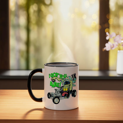 Hot Rod Gasser Frankenstein Monster Car Dragster Bride Mummy Ceramic Mug, Black/White