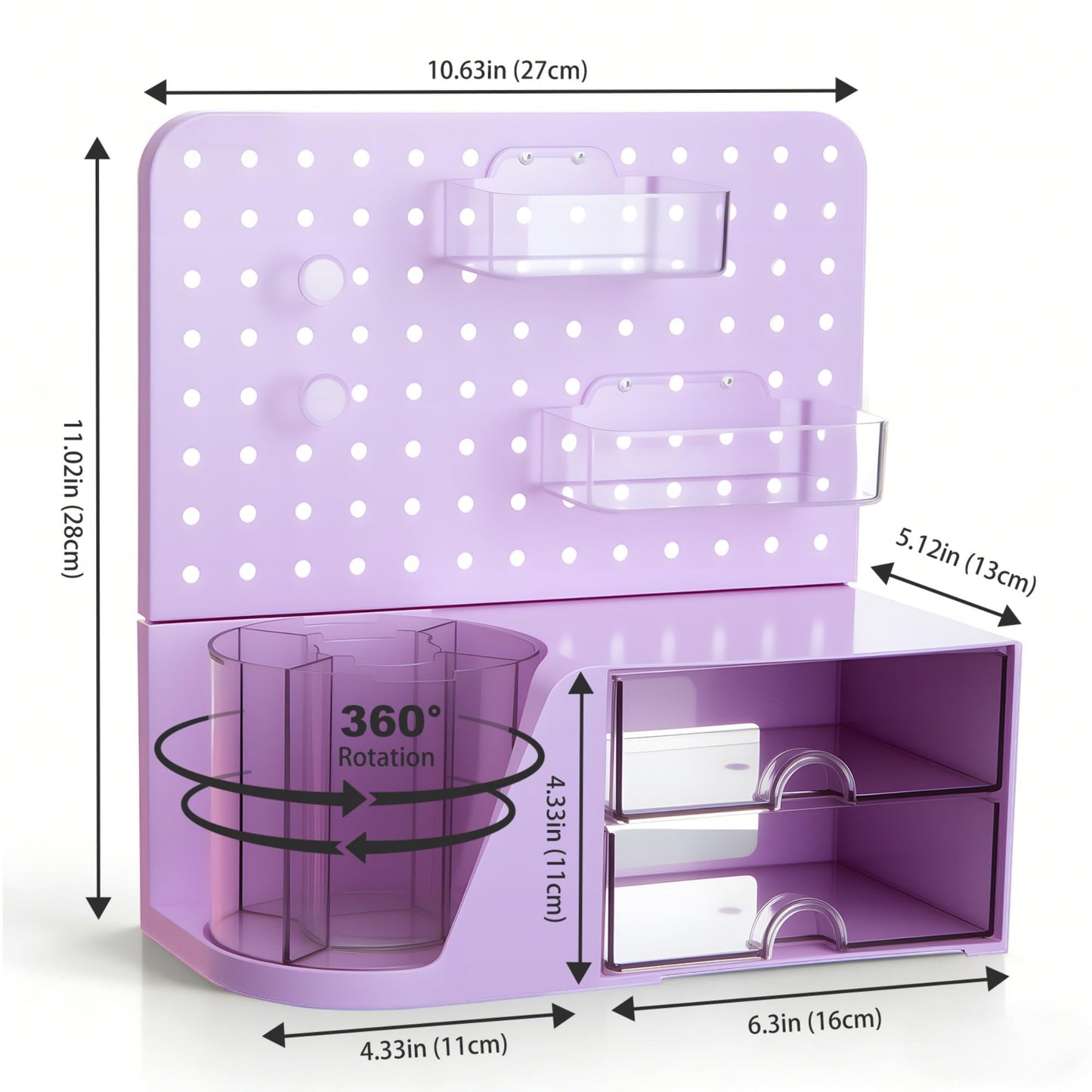 Comix Desk Organizer with Drawer, 360° Rotating Pen Holder for Desk, Pen Organizer with 5 Slots Pencil Holder+Pegboard+2 Drawer for Office Home Art Supplies (Purple)