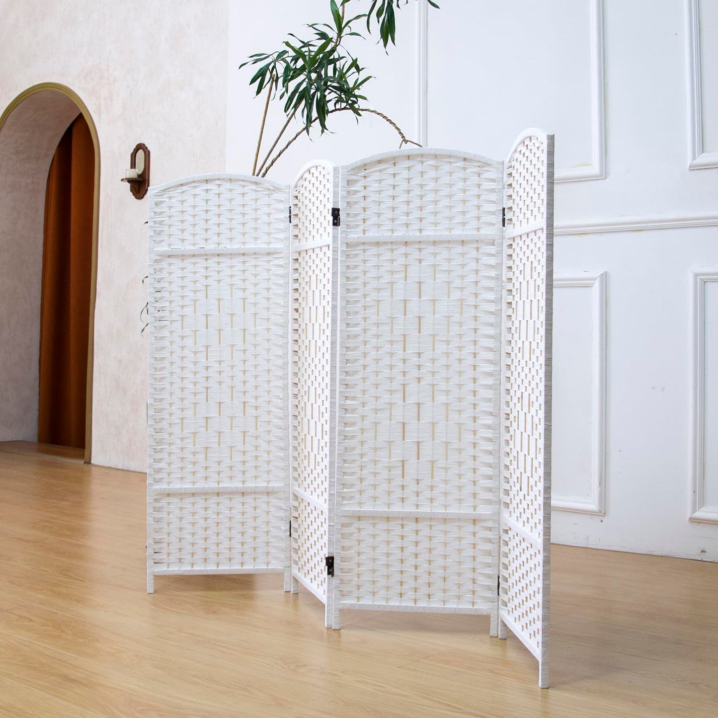 Furnnylane 4 Panel Rattan Divider Short Room Partition Screen,Double Sided Folding Divider for Room Separation,White,47.2" H x 63" W