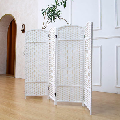 Furnnylane 4 Panel Rattan Divider Short Room Partition Screen,Double Sided Folding Divider for Room Separation,White,47.2" H x 63" W