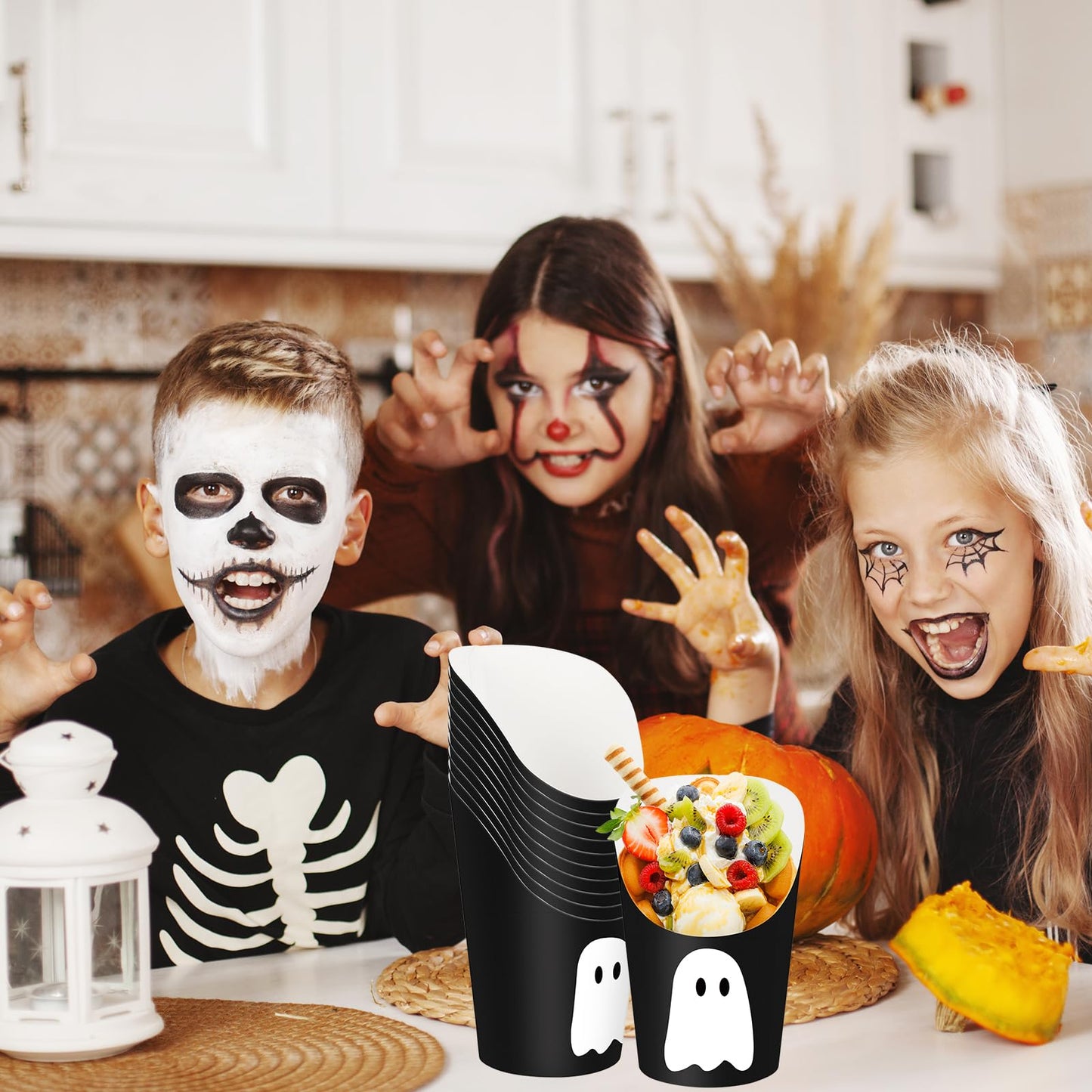 JarThenaAMCS 50 Pcs Halloween Charcuterie Cups with 100 Pcs Sticks Black White Ghost Disposable Appetizer Cups 14 Oz Fench Fry Holder for Trick or Treat Snack Dessert Birthday Party Supplies