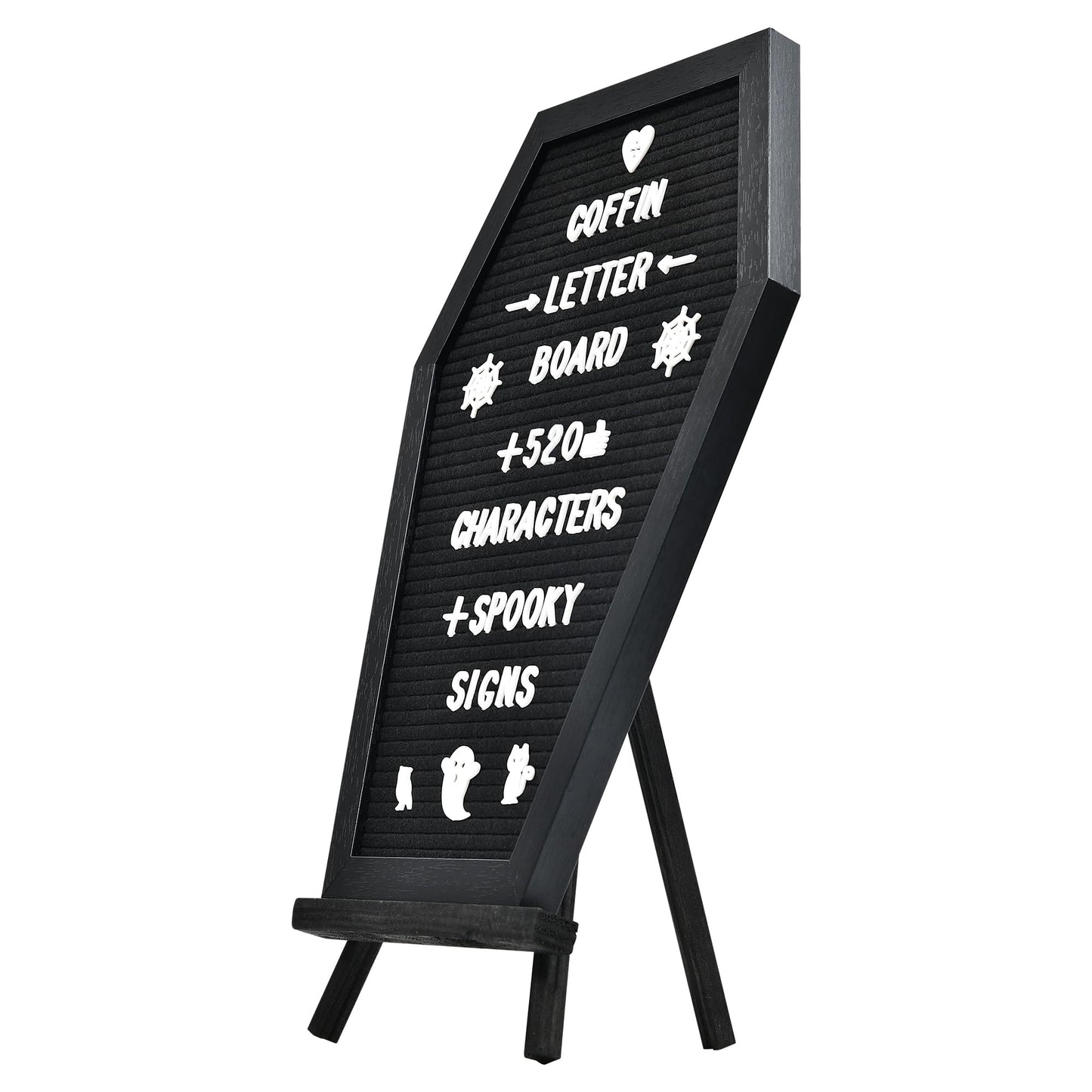 Coffin Letter Board - 520 Characters Spooky Halloween Characters with Wooden Stand and Canvas Bag - 16x11 Inches - Felt Message Board for Home Office Halloween Supplies & Decor (Black)