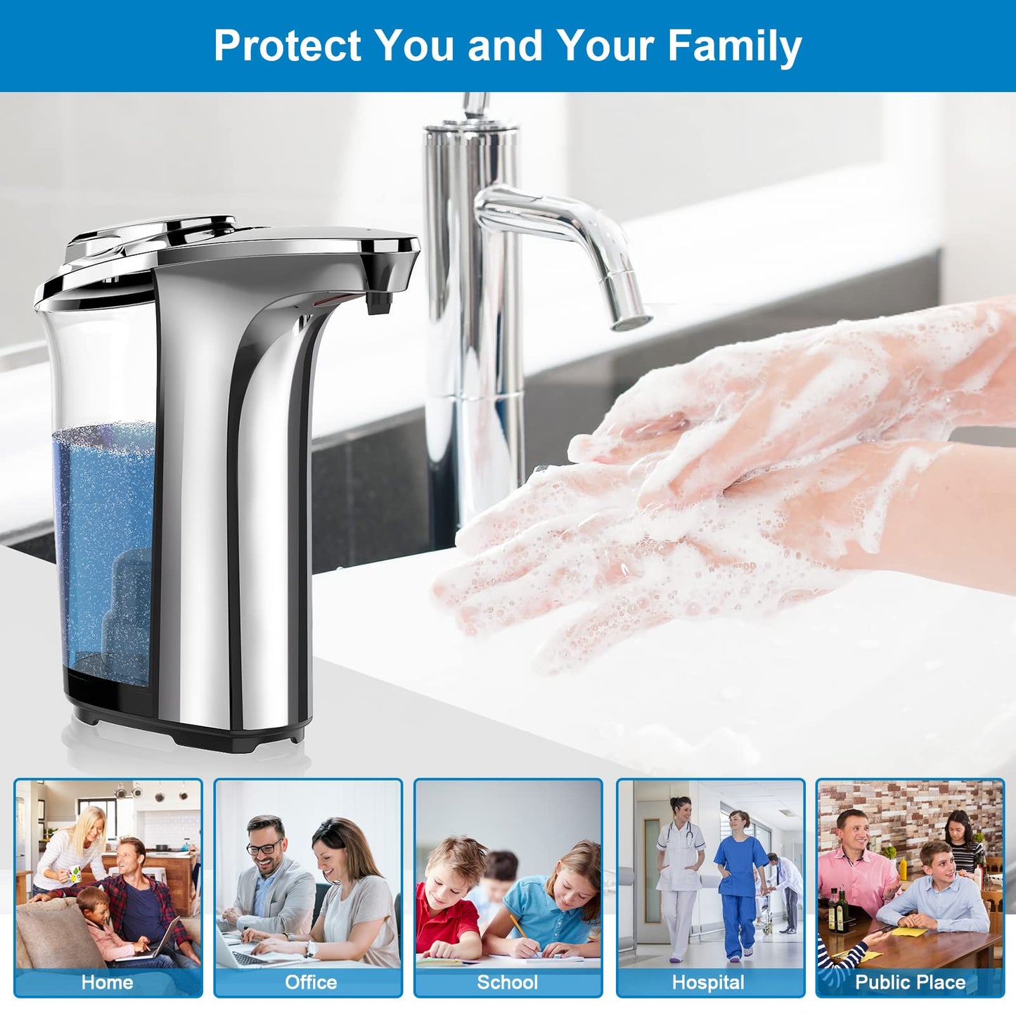 PZOTRUF Automatic Soap Dispenser, Touchless Dish Soap Dispenser 17oz/500ml with Infrared Sensor, 5 Adjustable Soap Levels, Liquid Dispenser for Bathroom Kitchen (Silver)