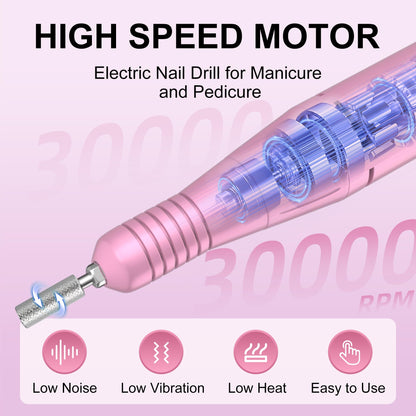 Professional Electric Nail Drill File:COSYGLOW Glitter Portable Cordless E-File Nail Drill Kit with 11 Drill Bits,30000 RPM Rechargeable Nail Drills Machine for Acrylic Nails Gel Polishing (Pink)