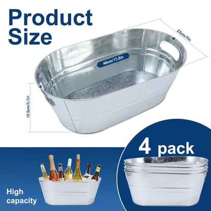 4 Pack 3 Gallon Galvanized Tub, Ice Buckets for Parties, Beverage Tubs for Parties, Metal Drink Buckets for Parties with Carry Handles, Champagne Wine Beer Cooling Tub, Mimosa Bar Supplies