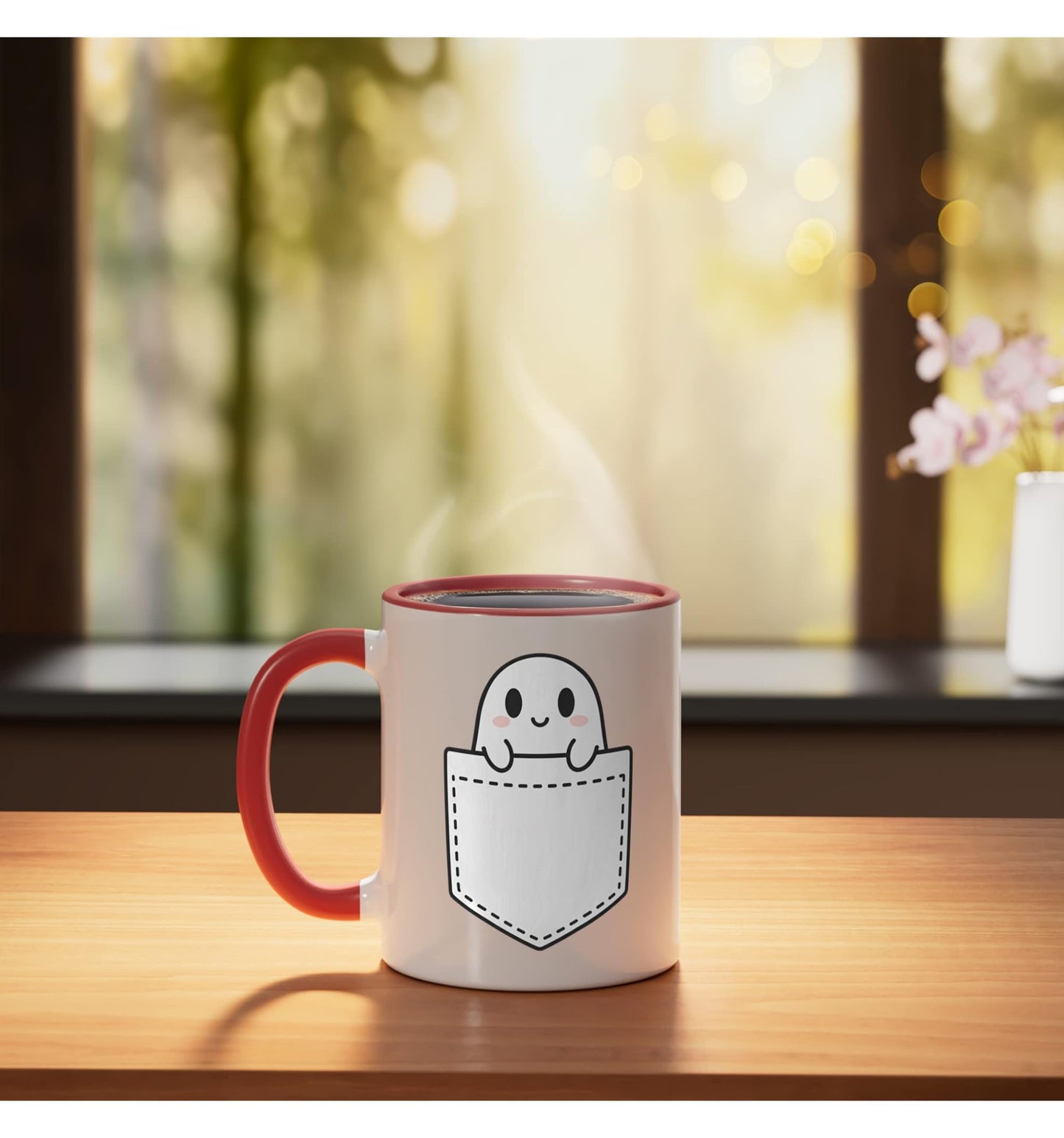 Halloween Pocket Ghost Peekaboo - Cute Halloween Pocket Ceramic Mug, Red/White