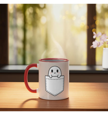 Halloween Pocket Ghost Peekaboo - Cute Halloween Pocket Ceramic Mug, Red/White